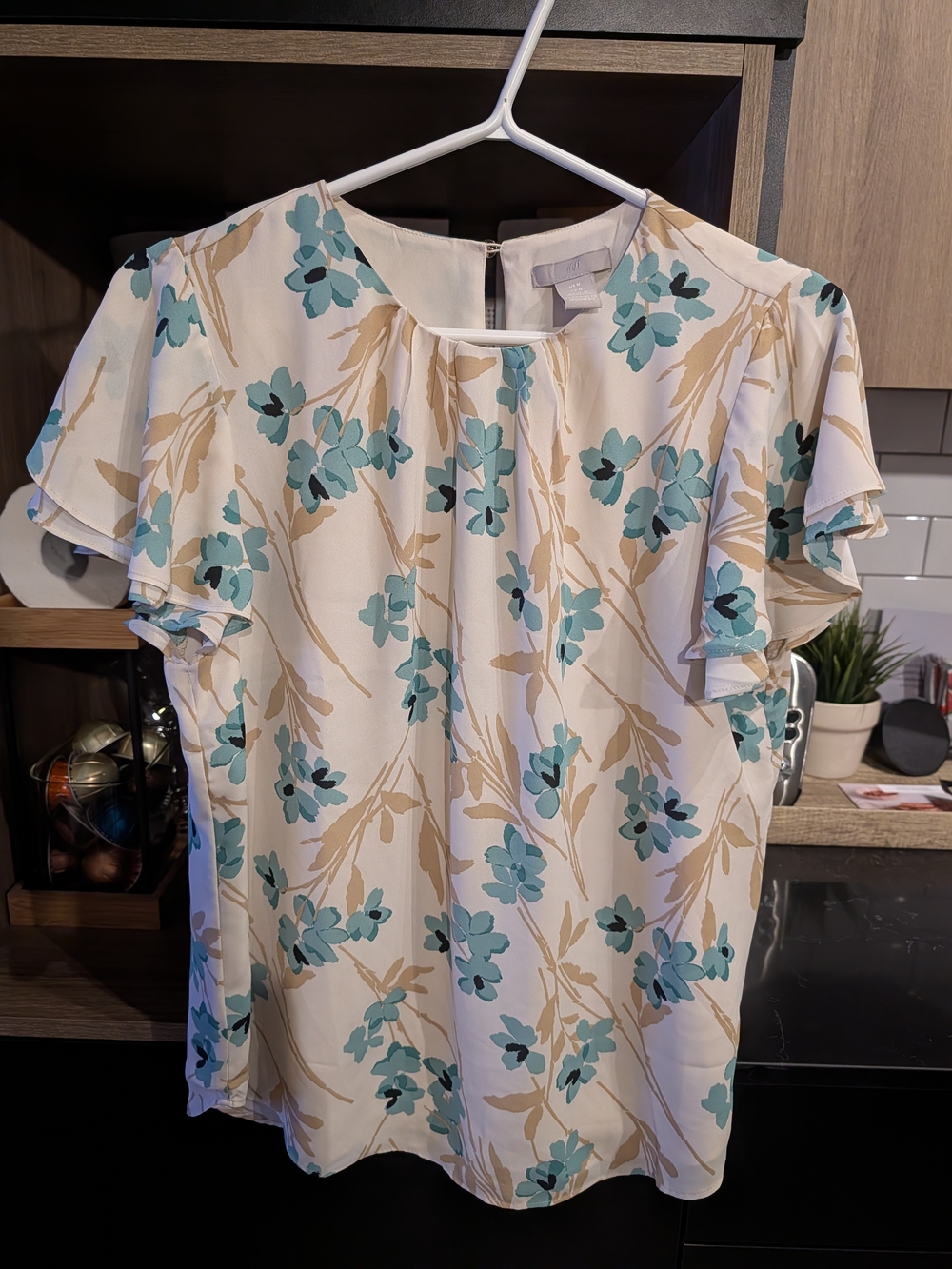 H&M Cream Blouse with Teal Floral Print